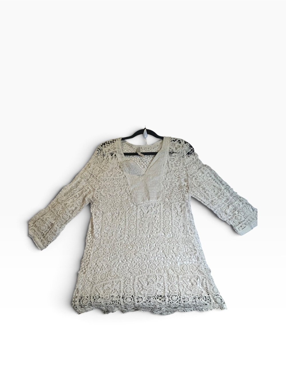 Vintage Boho Cream Lace Tunic Dress Long Sleeve Crochet Y2K M